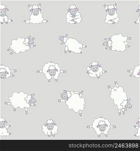 Seamless patterns. Yoga for animals. Sticker drawings of cute white sheep practicing meditation, standing asanas and sports . Vector on a gray background. For packaging, textiles, wallpaper