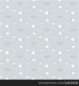 Seamless patterns. Yoga for pets. Playful cute sheep do fitness, meditation and asanas. Vector of stickers of white farm animals on a light gray background. For packaging, textiles, wallpaper