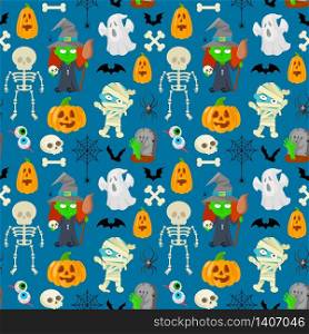 Seamless patttern of cartoon charachters for Halloween on blue background.