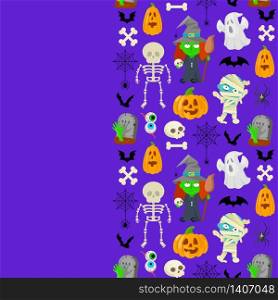 Seamless patttern of cartoon charachters for Halloween on blue background.
