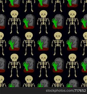 Seamless patttern with skeletons and tombstones on dark background.