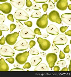 Seamless pear fruit sliced in half with seed and leaves pattern hand drawn sketch vector illustration
