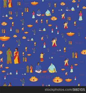 Seamless people celebrating diwali colourful pattern. Flat cartoon style vector illustration.. Seamless people celebrating diwali colourful pattern