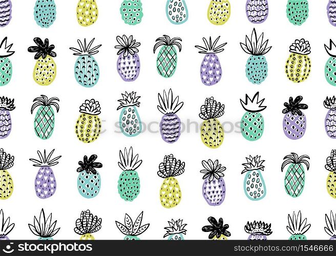 Seamless pineapple pattern. Handdrawn Pinapple with different textures in pastel colors. Exotic fruits background For Fashion print, textile, fabric, covers, wallpapers, wrap. Vector. Seamless pineapple pattern. Handdrawn Pinapple with different textures in pastel colors. Exotic fruits background For Fashion print, textile, fabric, covers, wallpapers, wrap.