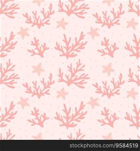 Seamless pink marine pattern with corals and starfish, underwater life, oceanic flora and fauna for decoration, paper, background, wallpaper, fabrics. Seamless marine pattern with corals and starfish