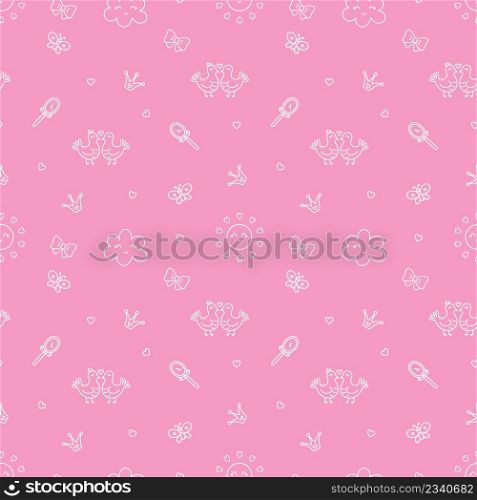 Seamless pink pattern for sewing children clothes. Princess accessories background. Printing on fabric and wrapping paper. Wallpaper for nursery.