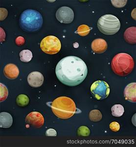 Seamless Planets And Asteroid Background. Illustration of a set of a seamless space background, various comic planets, moons, asteroid and earth globes