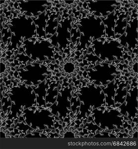Seamless plant pattern with leaves on black background. Openwork pattern of white plants on a black background