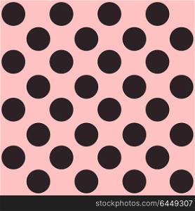 Seamless polka dot pattern. Black dots on pink background. Vector illustration.