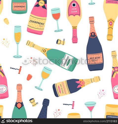 Seamless print with doodle red and white sparkling wine bottles with full glasses. Vector texture with cartoon alcohol drink graphic illustrations celebration holidays. Seamless print with doodle red and white sparkling wine bottles with full glasses. Vector texture with cartoon alcohol drink graphic