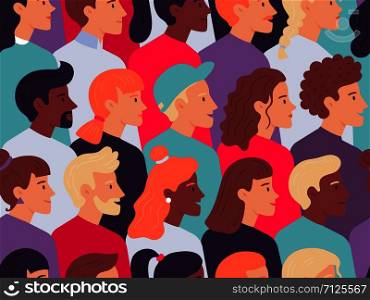 Seamless profile people pattern. Male and female faces side portrait crowd, young person profiles portraits. Various characters wallpaper, social protest demonstration vector illustration. Seamless profile people pattern. Male and female faces side portrait crowd, young person profiles portraits vector illustration