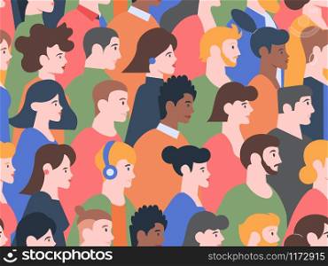 Seamless profile people pattern. Stylish men and women various hairstyles, young and elderly characters heads, modern people portraits. Social parade or protest crowd vector background. Seamless profile people pattern. Stylish men and women various hairstyles, young and elderly characters heads, modern people portraits vector background