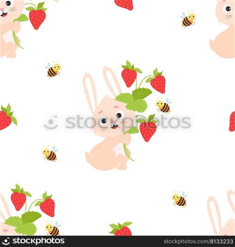 Seamless rabbit pattern. Cute bunny with bouquet of strawberries and funny bee on white background with berries. Vector illustration. Summer pattern with hare character for design, wallpaper packaging