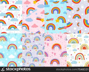 Seamless rainbow pattern. Stars, clouds and rainbows in sky, colorful arc decoration backdrop vector illustration set. Design in pastel colors for childrens room, textile and fabric. Seamless rainbow pattern. Stars, clouds and rainbows in sky, colorful arc decoration backdrop vector illustration set