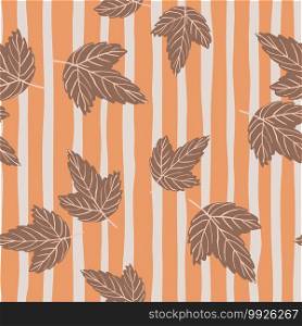Seamless random autumn pattern with brown leaf silhouettes. Striped coral and grey background. Perfect for fabric design, textile print, wrapping, cover. Vector illustration.. Seamless random autumn pattern with brown leaf silhouettes. Striped coral and grey background.
