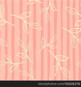 Seamless random nature pattern with doodle contoured leaves branches ornament. Pink striped background. Decorative backdrop for fabric design, textile print, wrapping, cover. Vector illustration.. Seamless random nature pattern with doodle contoured leaves branches ornament. Pink striped background.
