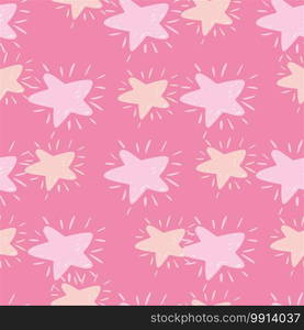 Seamless random pattern with hand drawn star silhouettes. Pink palette cosmic artwork. Perfect for wallpaper, textile, wrapping paper, fabric print. Vector illustration.. Seamless random pattern with hand drawn star silhouettes. Pink palette cosmic artwork.