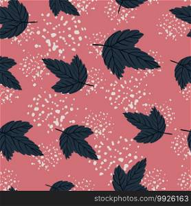 Seamless random pattern with navy blue autumn leaves ornament. Pink background with splashes. Perfect for fabric design, textile print, wrapping, cover. Vector illustration.. Seamless random pattern with navy blue autumn leaves ornament. Pink background with splashes.