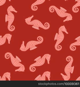 Seamless random pattern with pink colored seahorse doodle ornament. Bright red background. Nature print. Designed for fabric design, textile print, wrapping, cover. Vector illustration.. Seamless random pattern with pink colored seahorse doodle ornament. Bright red background. Nature print.