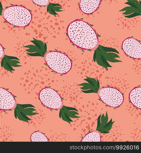 Seamless random pattern with pitahaya silhouettes. Coral pastel background with splashes. Perfect for fabric design, textile print, wrapping, cover. Vector illustration.. Seamless random pattern with pitahaya silhouettes. Coral pastel background with splashes.