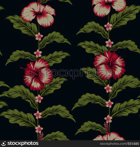 Seamless realicstic vector composition fabric pattern tropical design hibiscus, plumeria flowers and exotic leaves on the blue background