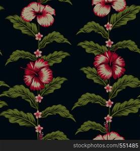 Seamless realicstic vector composition fabric pattern tropical design hibiscus, plumeria flowers and exotic leaves on the blue background