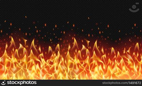 Seamless realistic fire border, flame warm design, hell decoration, texture danger bright, flaming inferno, vector illustration banner. Seamless realistic fire border, flame warm design