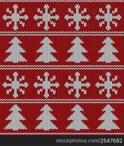 Seamless red and white knitted vector pattern with snowflake and Christmas tree shapes.