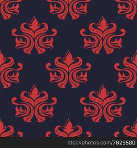 Seamless red colored floral arabesque pattern with damask style motifs suitable for wallpaper, tiles and fabric design isolated over bue background. Floral seamless arabesque pattern