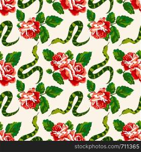 Seamless red roses and snake vector pattern design