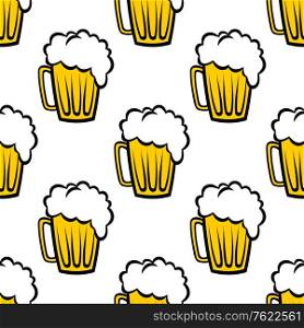 Seamless repeat pattern background of golden tankards of frothy beer or ale suitable for print, wallpaper or fabric design