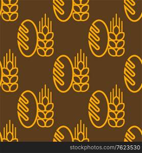 Seamless repeat pattern of a French baguette and an ear of ripe golden wheat on a brown background in square format, vector design