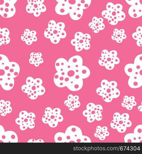 Seamless repeat pattern with white flowers on pink background. Hand drawn fabric, gift wrap, wall art design.Vector illustration. Seamless repeat pattern with white flowers on pink background.