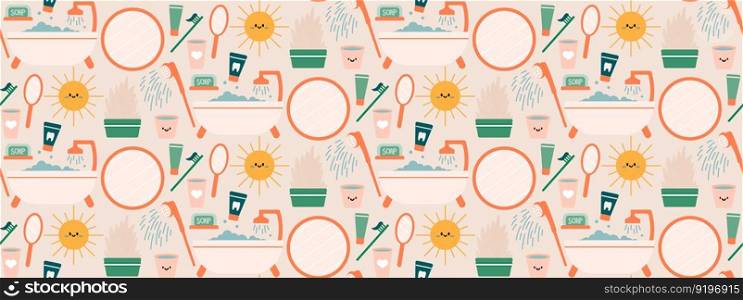 Seamless repeating bathroom pattern with shower and personal care items. Morning and evening routine. Vector illustration. Seamless repeating bathroom pattern with shower and personal care items. Morning and evening routine. Vector illustration.