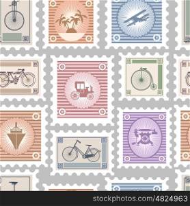 Seamless repeating pattern. Seamless repeating pattern consisting of postage stamps on the theme of travel and transportation