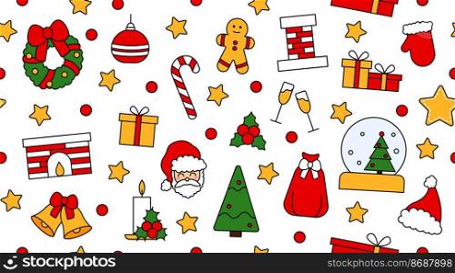 Seamless repeating pattern with Christmas and Happy New Year symbols. In vintage traditional style for postcard, fabric, banner, template for congratulations, wrapping paper. Vector flat illustration. Seamless repeating pattern with Christmas and Happy New Year symbols. In vintage traditional style for postcard, fabric, banner, template for congratulations, wrapping paper. Vector flat illustration.
