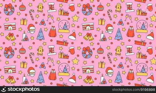 Seamless repeating pattern with Christmas and Happy New Year symbols. In vintage traditional style for postcard, fabric, banner, template for congratulations, wrapping paper. Vector flat illustration. Seamless repeating pattern with Christmas and Happy New Year symbols. In vintage traditional style for postcard, fabric, banner, template for congratulations, wrapping paper. Vector flat illustration.