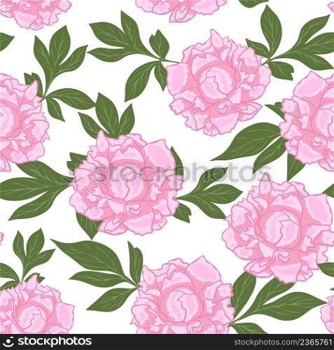 Seamless repeating pattern with delicate pink peonies. Large garden flowers with leaves. Floral background for fabric and interior design vector illustration