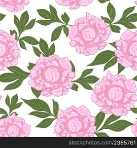 Seamless repeating pattern with delicate pink peonies. Large garden flowers with leaves. Floral background for fabric and interior design vector illustration