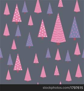 Seamless repeating pattern with textured Christmas trees in violet, pastel pink colors on gray, blue, turquoise. Modern and original holiday textiles, gift wrapping, wall decoration.. Seamless repeating pattern with textured Christmas trees in black, pastel pink, light blue