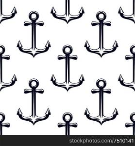 Seamless retro marine anchors pattern with blue ship anchorage elements over white background. For nautical or wallpaper design. Blue retro marine anchors seamless pattern