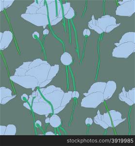 Seamless retro pattern with blue poppies over a dark green background