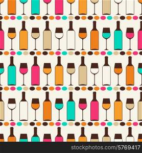 Seamless retro pattern with bottles of wine and glasses.