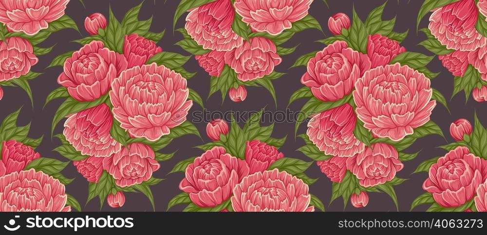 Seamless retro pattern with cartoon bush of peony flowers with foliage on grey background. Vector fabric swatch with lush floral decoration. Botany texture of natural floral bouquet in powdery colors. Seamless retro pattern with cartoon bush of peony flowers with foliage on grey background. Vector fabric swatch with lush floral decoration.