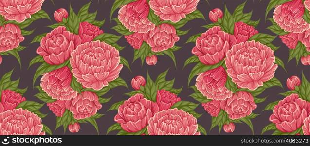 Seamless retro pattern with cartoon bush of peony flowers with foliage on grey background. Vector fabric swatch with lush floral decoration. Botany texture of natural floral bouquet in powdery colors. Seamless retro pattern with cartoon bush of peony flowers with foliage on grey background. Vector fabric swatch with lush floral decoration.