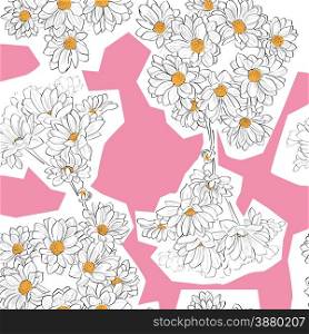 Seamless retro pattern with cutout daisies drawing over a pink background