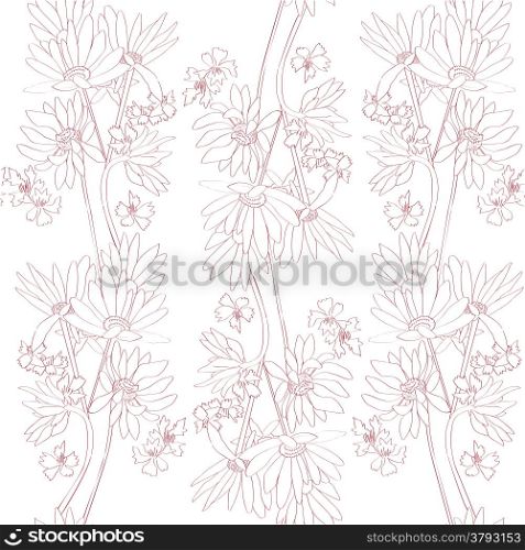 Seamless retro pattern with daisies and cornflowers over white background