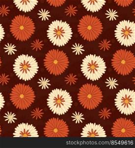 Seamless retro pattern with groovy flowers on dark background. Vector hippie texture with white and red flowers. Floral old-fashioned background with chamomile for fabrics and wallpapers.. Seamless retro pattern with groovy flowers on dark background. Vector hippie texture with white and red flowers.