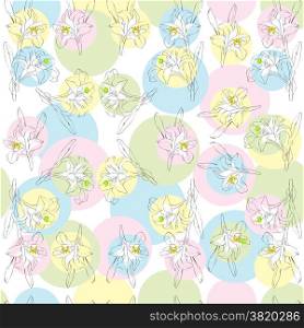 Seamless retro pattern with lilies over a pastel bubbles background
