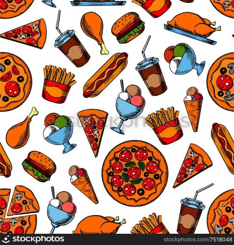 Seamless retro sketches of fast food dishes pattern background with hamburgers, hot dogs and coffee cups, pepperoni pizza, french fries and fried chicken, ice cream cones and sundae desserts. Retro seamless pattern of fast food dishes